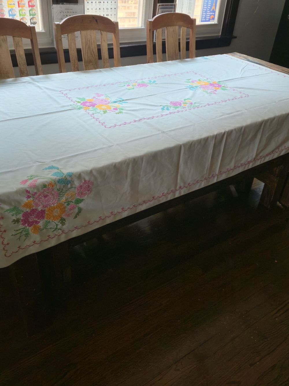 Embroidered Floral Tablecloth in White with Pink, Yellow & Green